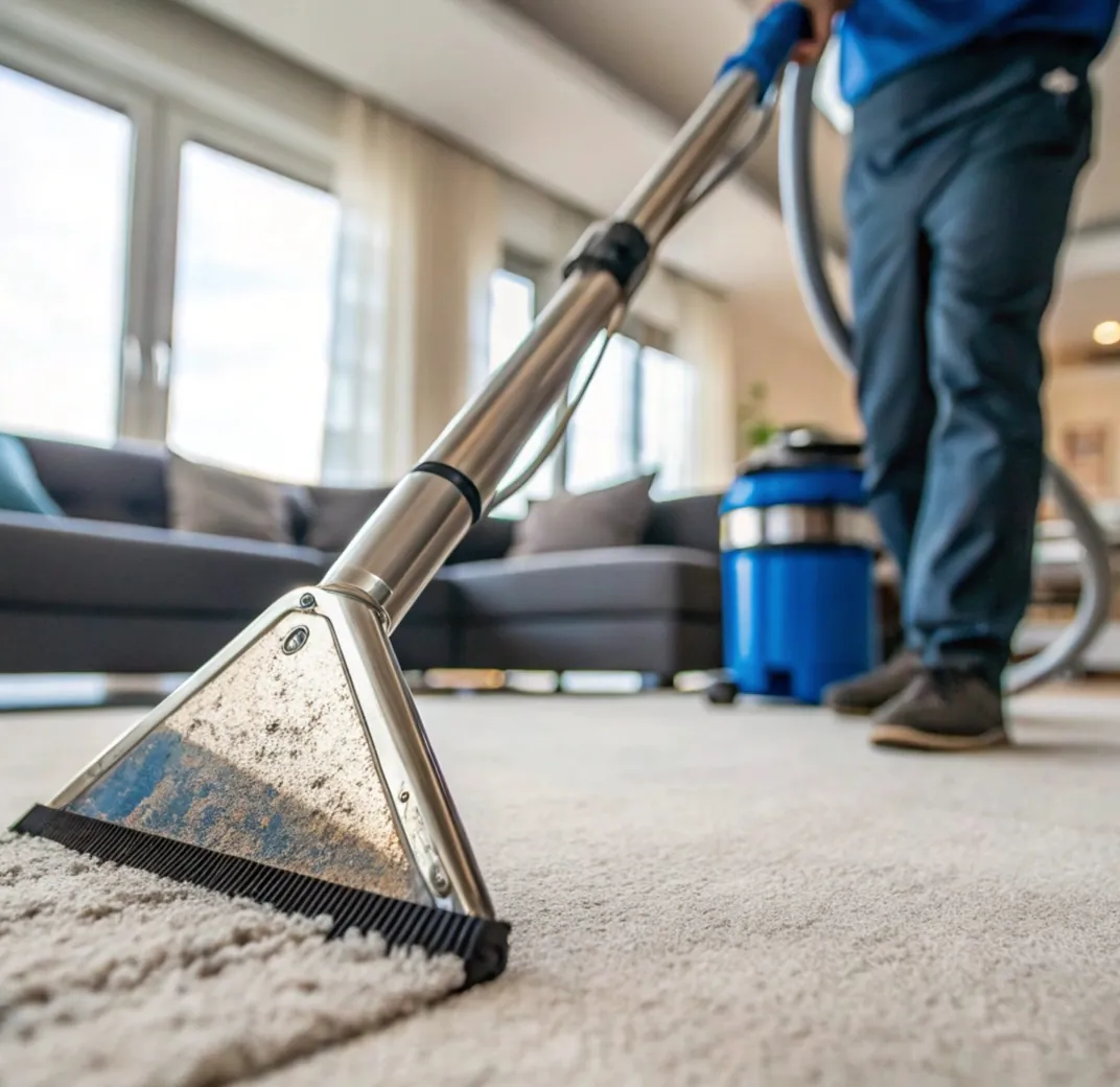 A cleaning wand pulling soil out of a living-room carpet