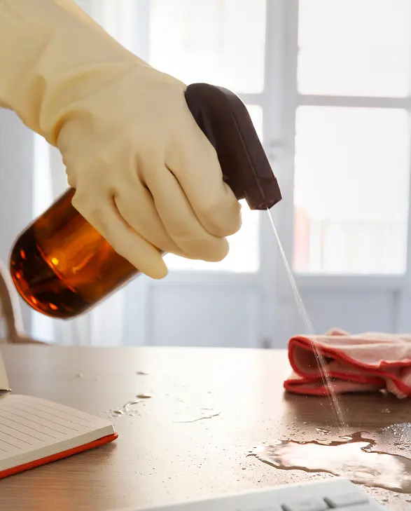 Person spraying cleaning solution while cleaning an office