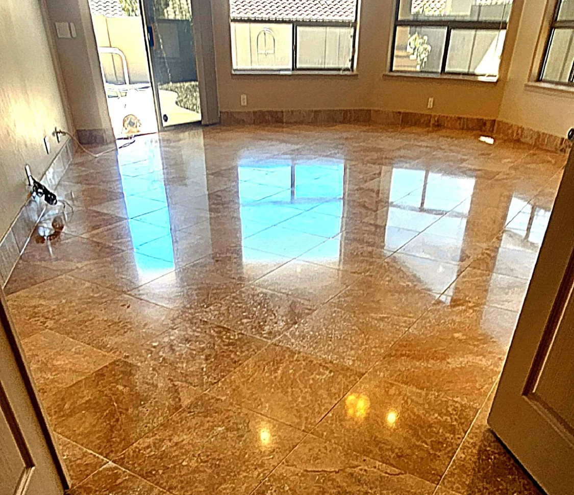 Clean travertine tile floor after professional restoration